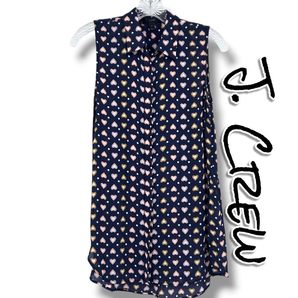 J Crew Silk Heart Print Sleeveless Blouse Navy Polka Dot Size 2 Quiet Whimsy